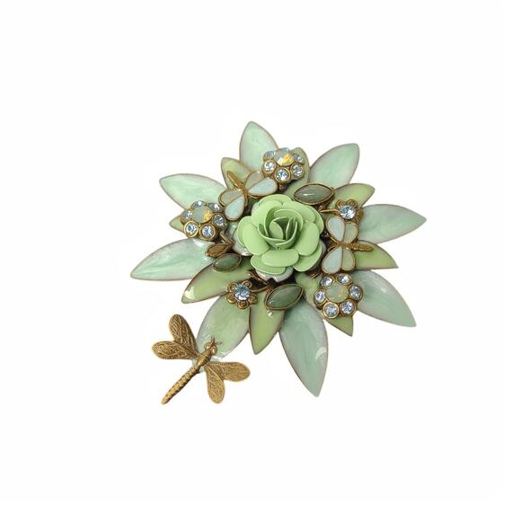 Floral & Dragonfly Brooch Enamel Encrusted Rhinestones Green Blue Flower Bee Pin - Picture 1 of 11